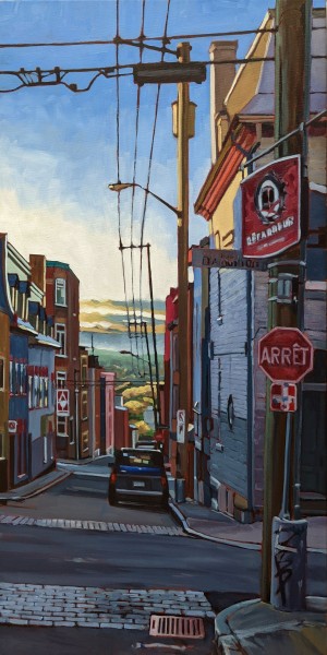 Rue Ste-Marie, <span class='en'>oil on canvas,</span> <span class='fr'>huile sur toile,</span> 36<span class='en'>in</span><span class='fr'>po</span> x 18<span class='en'>in</span><span class='fr'>po</span> (<span class='en'>AVAILABLE</span><span class='fr'>DISPONIBLE</span>)