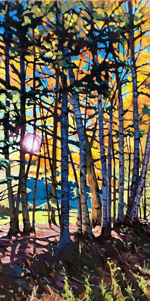 Backlit Birches, <span class='en'>oil on canvas,</span> <span class='fr'>huile sur toile,</span> 36<span class='en'>in</span><span class='fr'>po</span> x 18<span class='en'>in</span><span class='fr'>po</span> (<span class='en'>AVAILABLE</span><span class='fr'>DISPONIBLE</span>)